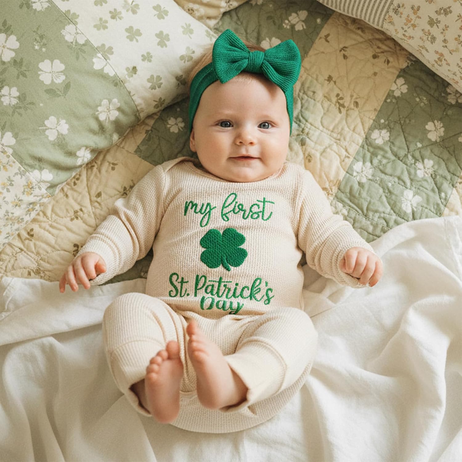Rtnnsbbfcm My First St Patricks Day Baby Girl Outfit Newborn Clover Jumpsuit Romper Lucky Charm Infant Spring Clothes - Image 2