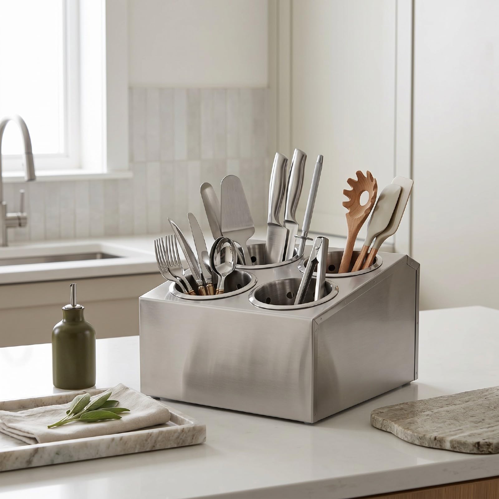 Luocute Soporte para Utensilios de Cocina de Acero Inoxidable con 4 Ranuras, Organizador de Cubiertos para Tenedores, Cucharas y Palillos