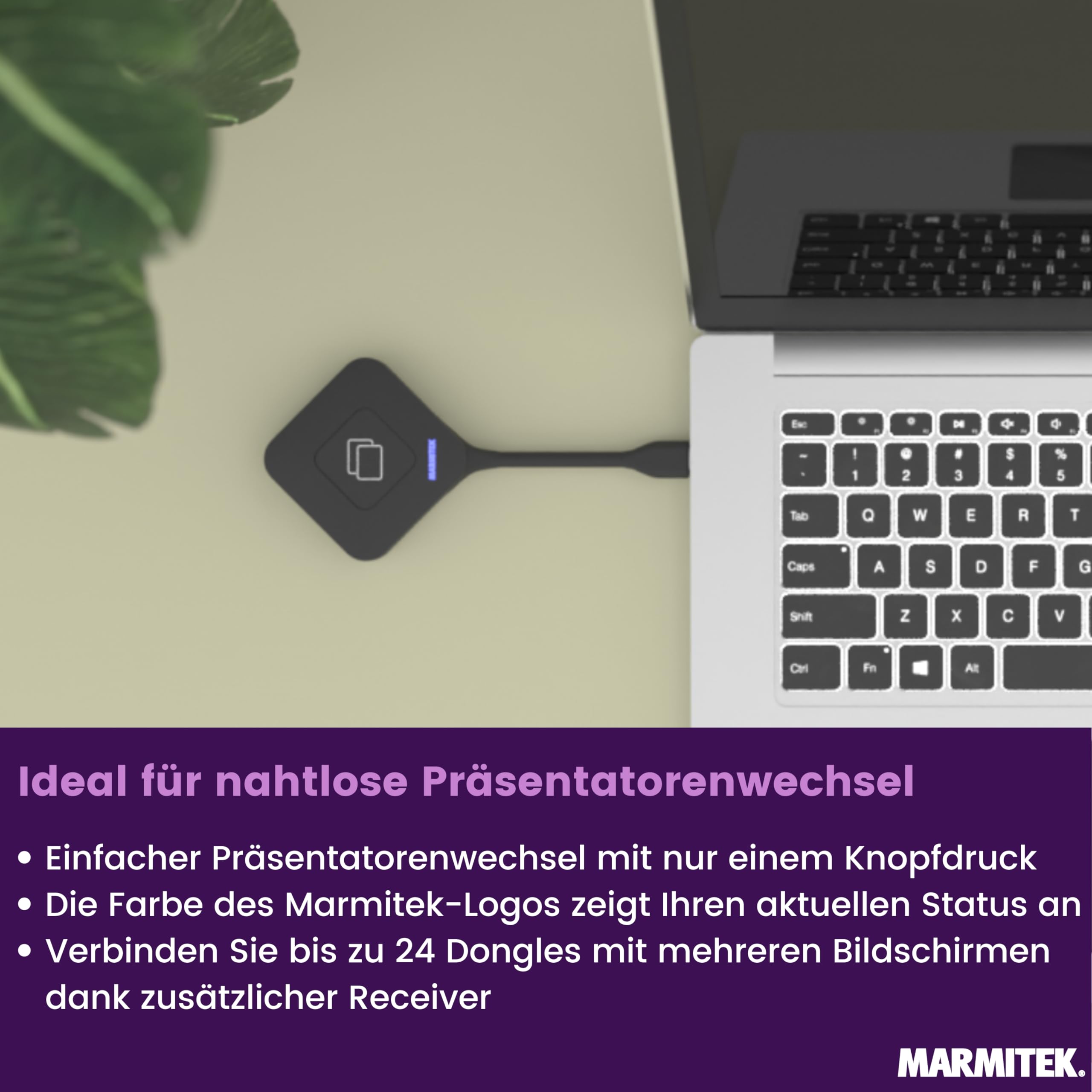 Marmitek Stream 4K Pro KIT 2TX/1RX - Drahtloses 4K Präsentationssystem | BYOD Mirroring ohne Software/WLAN, 2 USB-C Dongles und 4K Receiver, Split Screen, Touchback, PoE, Dual HDMI und Plug & Play