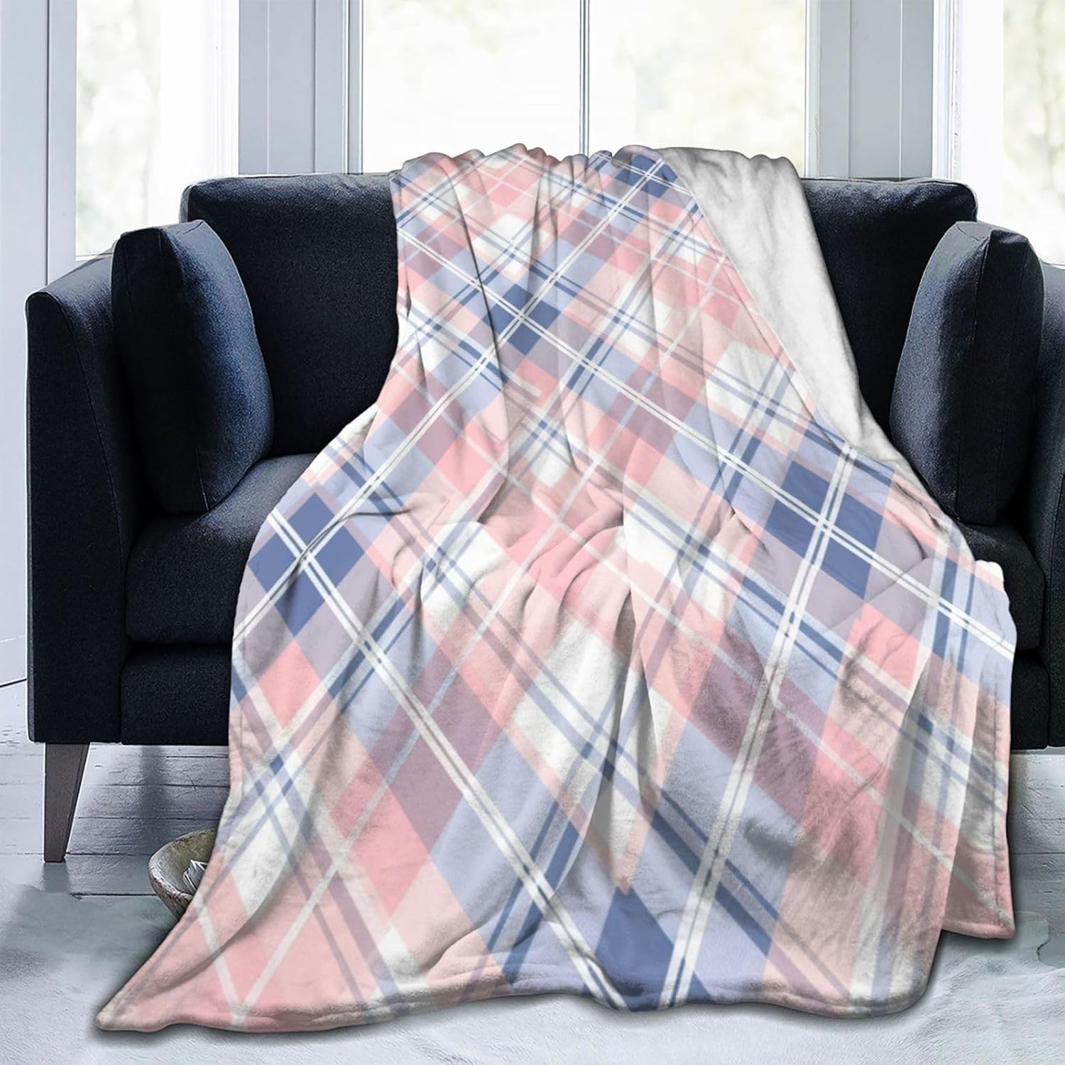 Manta Cuadros Geométricos 220x240 cm Manta Polar de Franela Rosa y Azul para Sofa y Cama, Mantas Ligeras, Caliente y Transpirable, Todas Las Estaciones A-0960