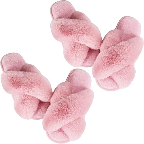 Ankis Pantuflas mullidas para mujer, 2 pares de pantuflas acogedoras, suaves, cómodas, relajantes, esponjosas, banda cruzada, puntera abierta,
