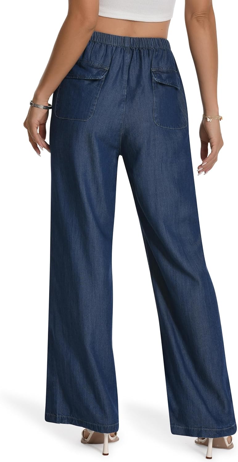 Skirt BL Women's Drawstring Elastic Waist Jeans Pull on Wide Leg Flowy Jeans for Trendy Soft Lightweight Denim Pants - Image 2