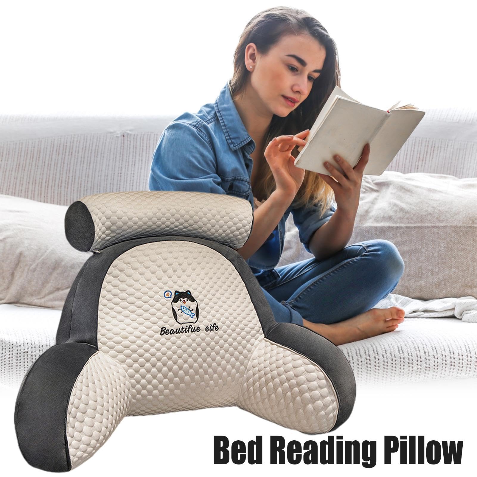 Samuliy Cuscino Da Lettura Per Letto | Supporto Schiena Ergonomic Con Braccioli E Poggiatesta | Portatile, Rivestimento Lavabile | Leggi A Pavimento O Divano