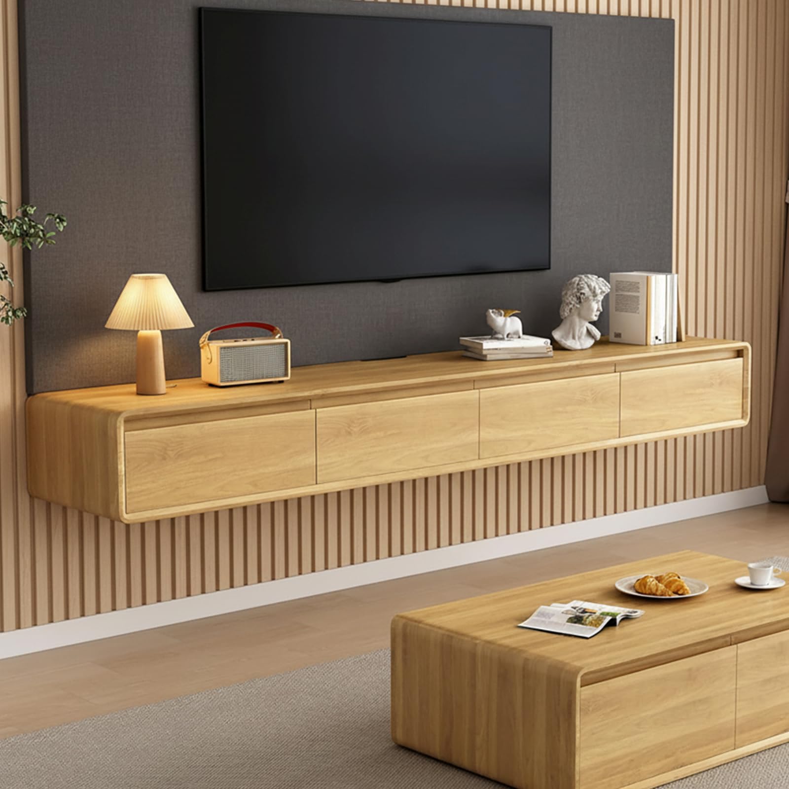 zaqiming Mueble de TV Suspendido con 2 Puerta 2 cajón, 160-240CM Madera Maciza muebele TV para TV para Salón, Dormitorio (Wood Color, 160X24X20CM)