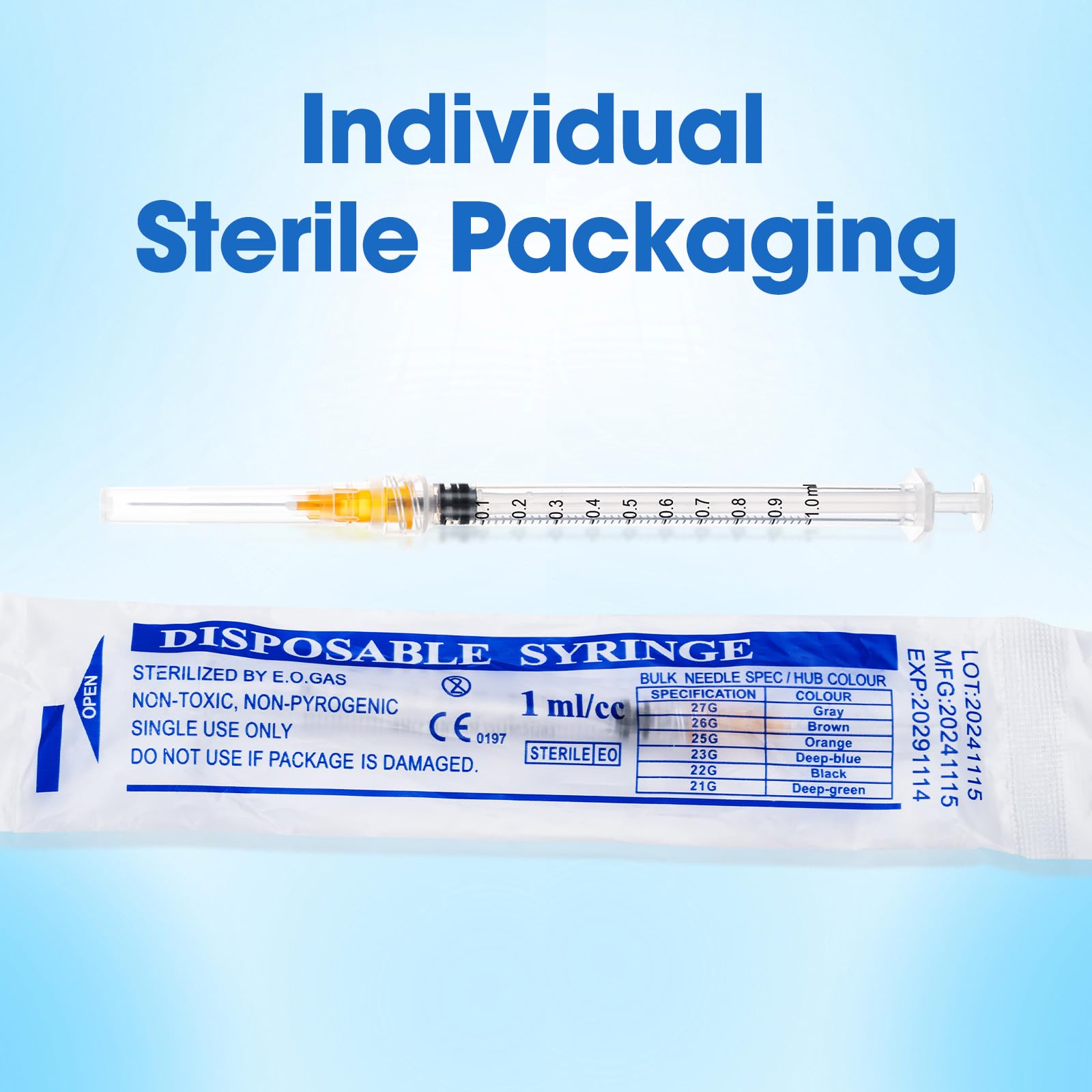1ml Syringe, 1cc Luer Lock Syringes with 25G 1 inch Needle, for Lab Liquids Refilling , Individually Wrapped , 100 Pack — Amazon image 5