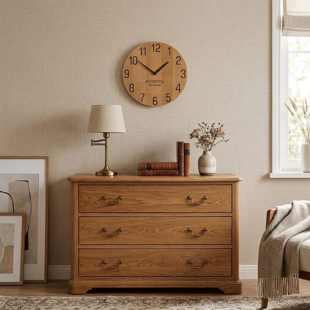 FLEXISTYLE Wanduhr Natur 30cm Durchmesser holzoptik 100% Eiche, Holz modern, Wohnzimmer, ohne tickgeräusche …