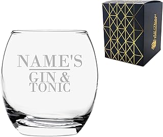 Personalised Engraved Novelty Tondo Tumbler Name\'s Gin and Tonic Gift Boxed, Round Glass, Engraved in The UK, Holds Up to 405ml/13oz of Liquid, Gift for Her