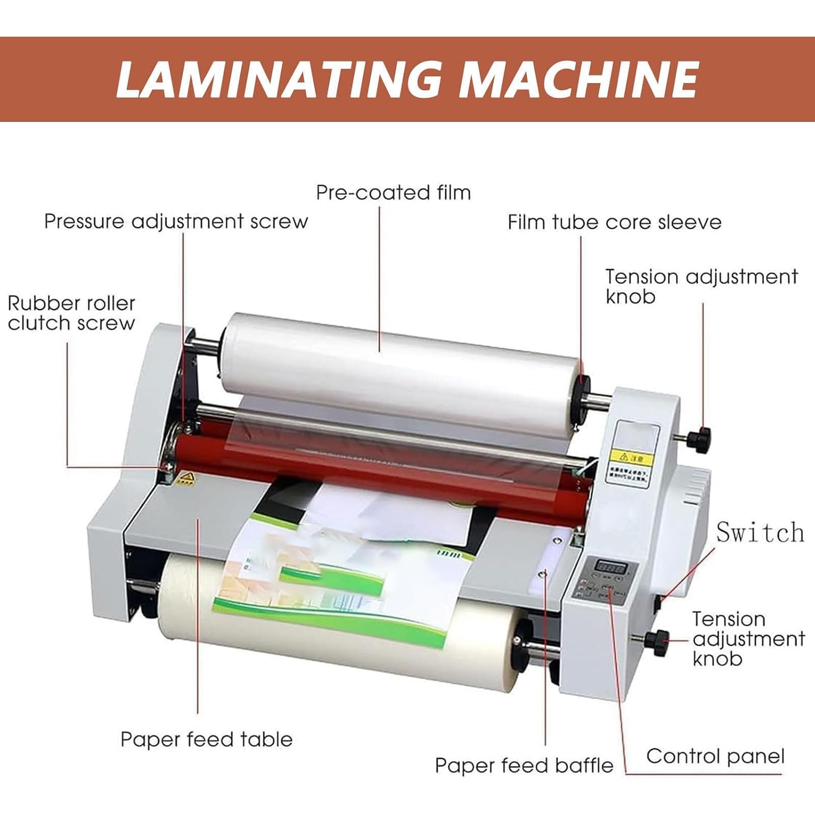 Laminadora De Rodillos En Caliente Y Frío Con Panel De Control Led, 3 Modos Y Temperatura Ajustable De 0 A 180 ℃, Regulación De Presión Y Tensión De Membrana, Para Escuelas Y Oficinas.