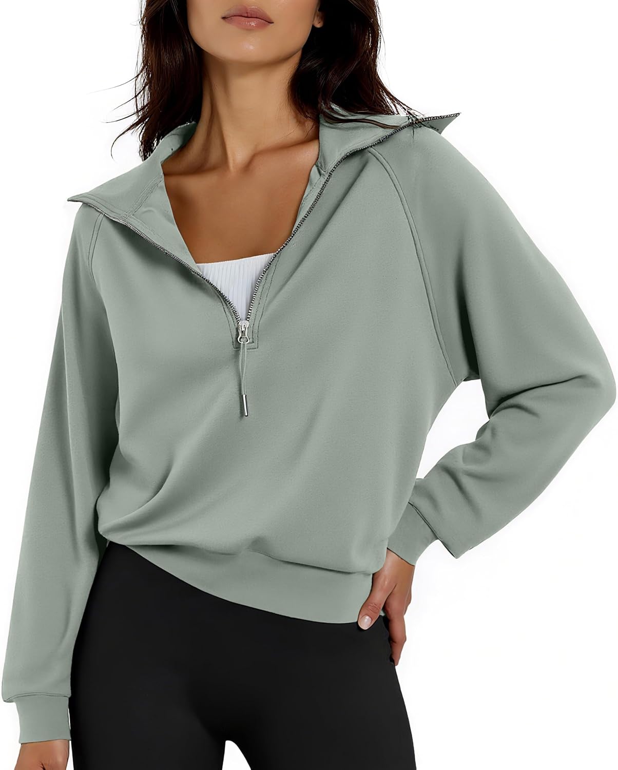 Women's Cropped Half Zip Pullover Quarter Zipper Long Sleeve Sweatshirt for Casual Wear