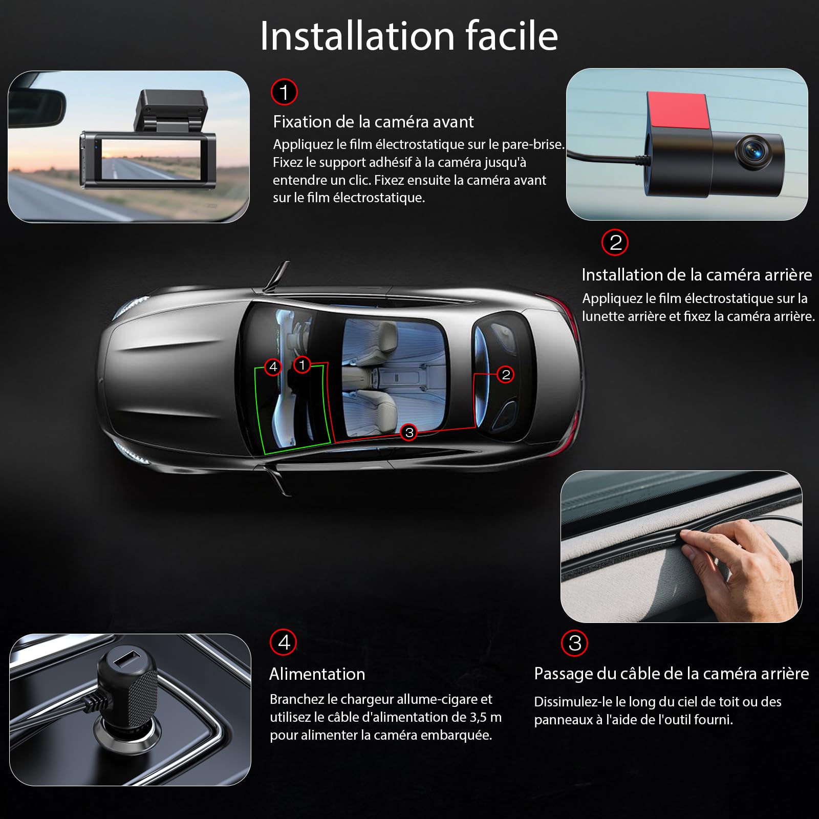 4K Dashcam Voiture GPS, Avant Arrière 4K+2.5K, Écran IPS 3,16 Pouces, Carte SD 64Go,Vision Nocturne, Stationnement 24H, Capteur G, Grand Angle 170°, WDR, Installation Facile