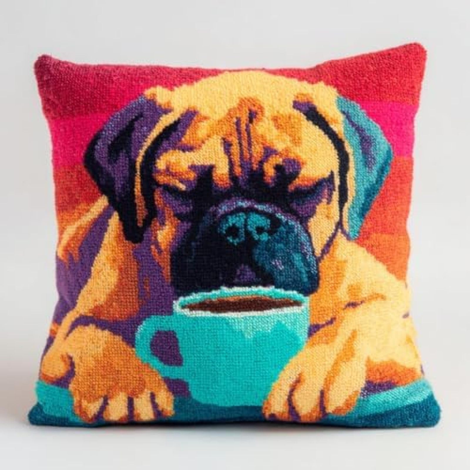 kitphoenix Latch Hook Kit for Adults Beginners,Bullmastiff Dog Drink Coffee,DIY Cushion Cover Punch Needle Kit,Pre-Printed Canvas Embroidery Kit with Yarns & Hooks,43x43cm Craft Gift for Women