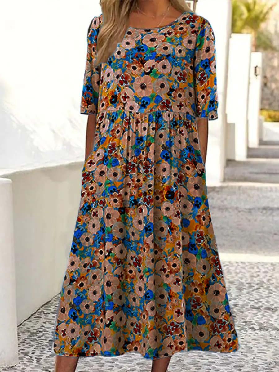Womens Summer Boho Floral Flowy A Line Midi Dress Casual Loose Short Sleeve Beach Vacation Dresses with Pocket - Image 2