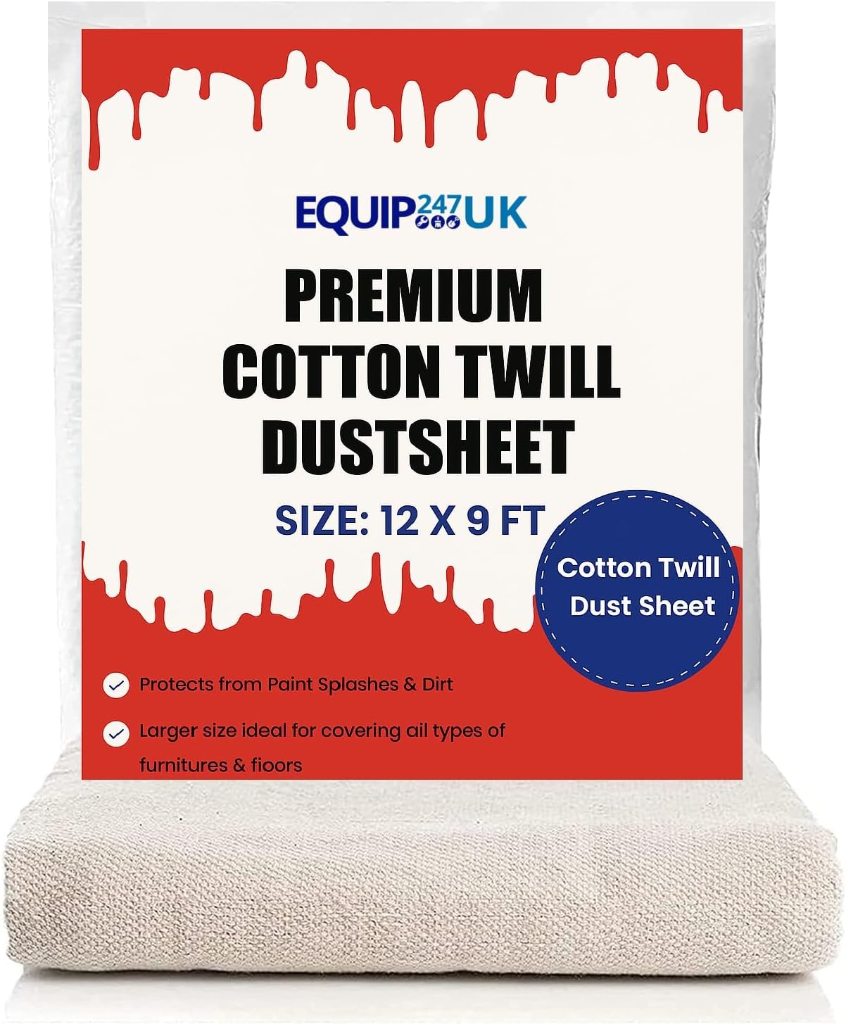 Equip247uk Cream Cotton Dust Sheets For Painting & Decorating | Paint Sheets | Drop Cloth | Painting & Paint Cover Sheets | Dust Sheets For Furniture | Washable And Reusable | (Cotton, 12Ft X 9Ft / 3.50M X 2.60M)