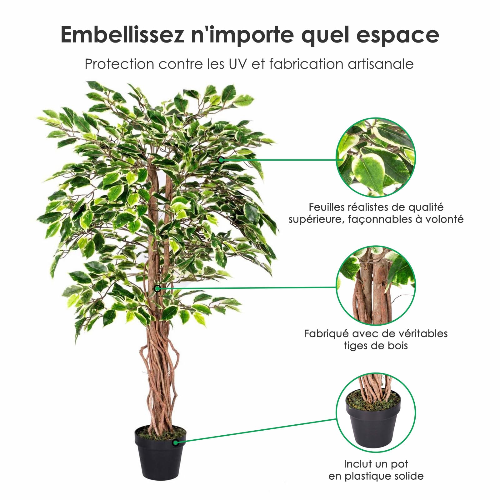 HOMESCAPES Arbre Artificiel Ficus Benjamina, Plante d’intérieur Figuier pleureur en Pot, avec Tronc en Bois véritable, Feuilles panachées 120 cm, Décoration de la Maison et du Bureau