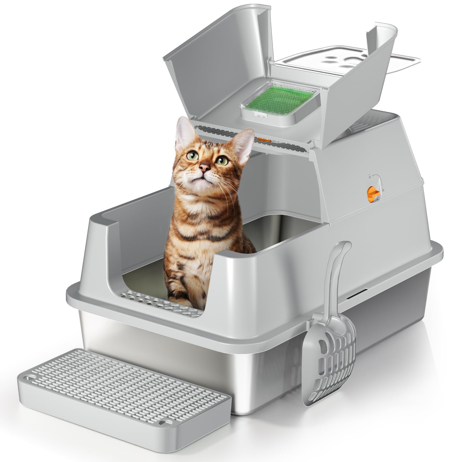 Eosarcu Stainless Steel Cat Litter Box with Lid, 180° Flip-Top XL Extra Large Enclosed Litter Box, Covered Metal High Sided Litter Pan with Steps & Scoop, Easy Cleaning, Odor Control,Non-Sticky-Grey