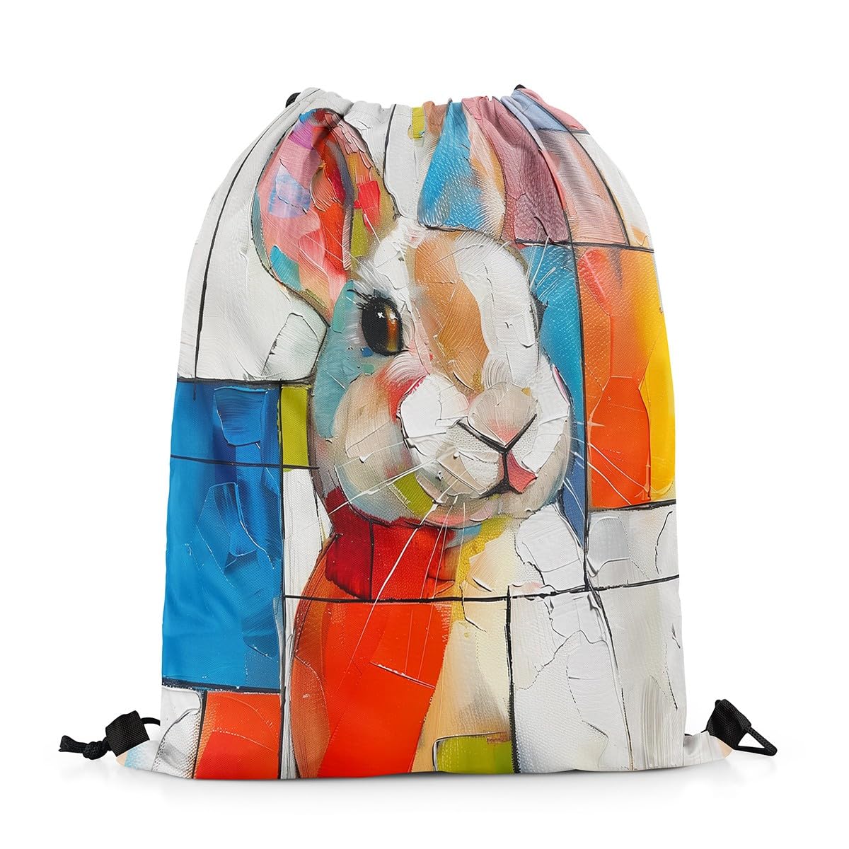 Homewish Rainbow Rabbit Drawstring Bags Cute Colorful Bunny Cinch Bag Geometric Plaid Drawstring Backpack 33 x 40 cm Vintage Oil Painting Draw String Back Bag