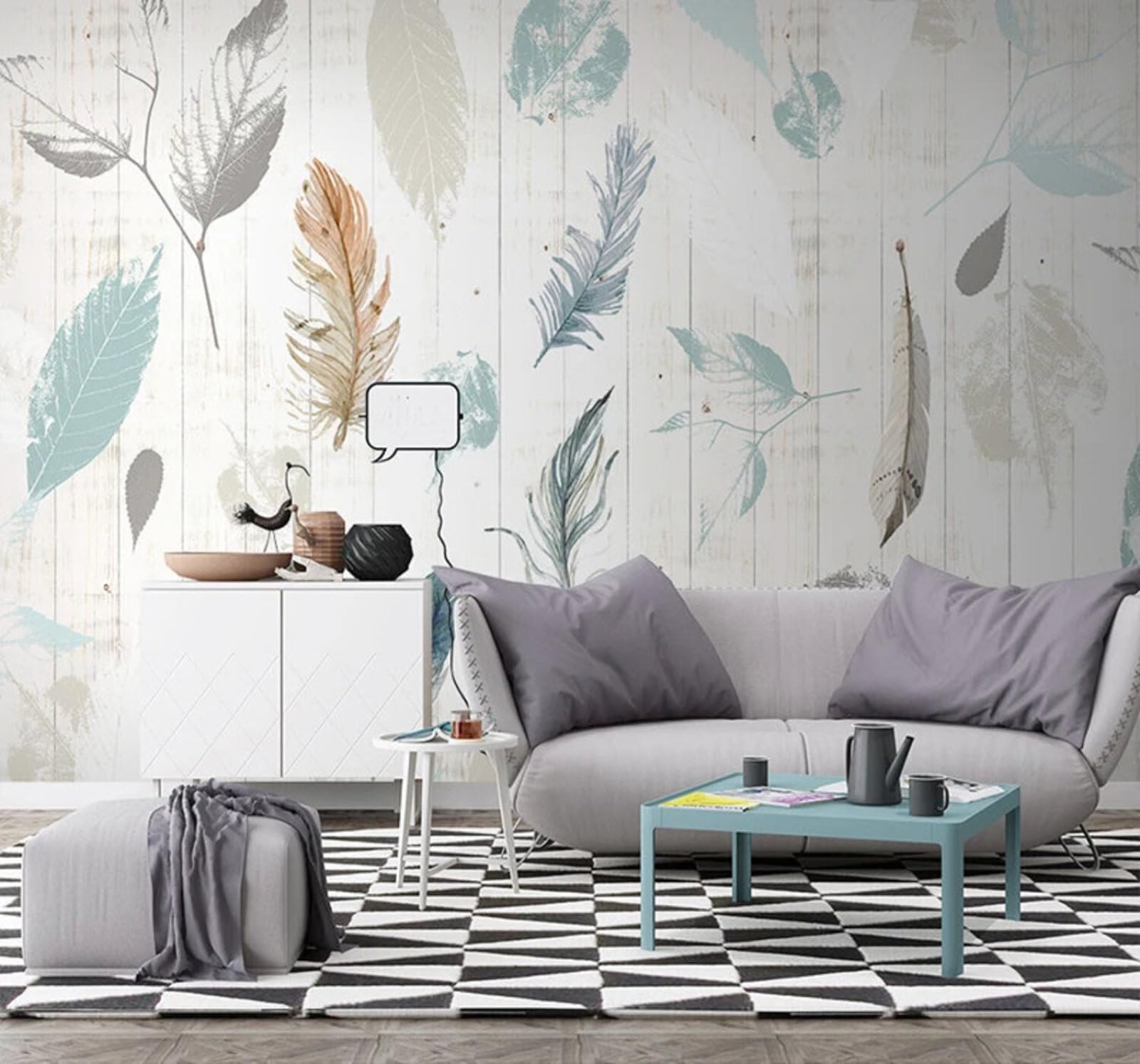 Vintage Wood Grain Hand Drawn Leaves Feathers 3D Wallpaper Easy Install Feature Office Living Room Sofa Bedroom TV Background Wall Decoration-250cm×170cm
