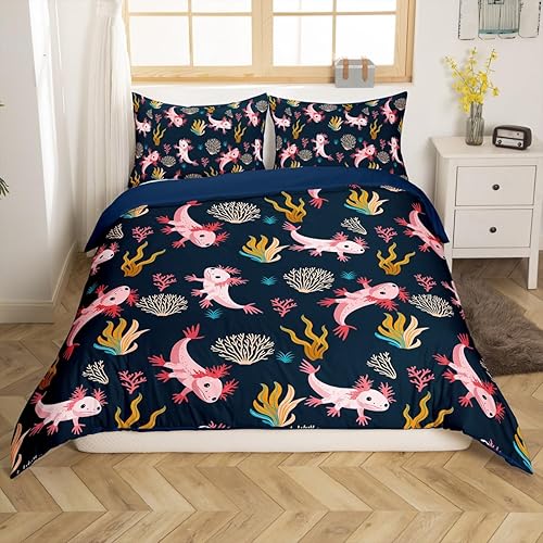 Erosebridal Funda de edredón de ajolote de dibujos animados para niños y niñas, funda de edredón Kawaii de ajolote queen, lindo reptiles, peces,
