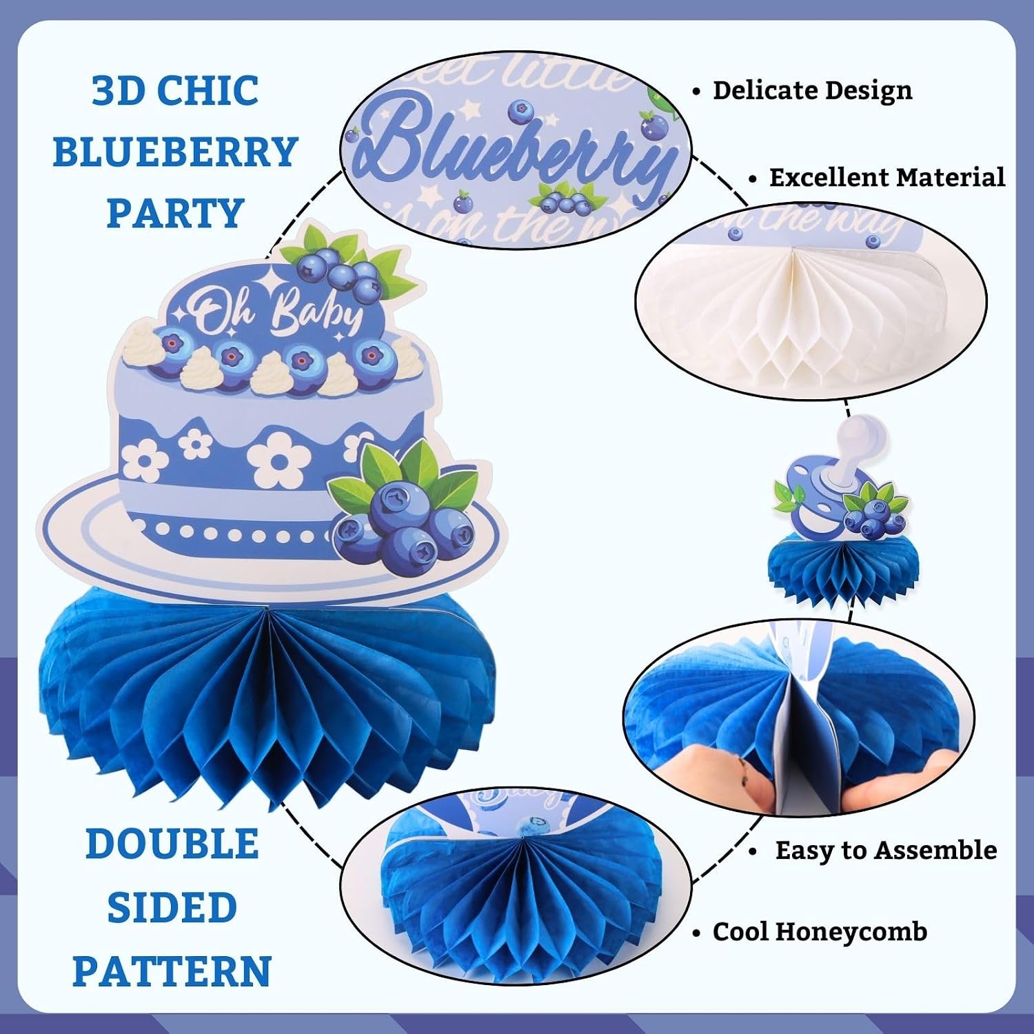 9pcs Blueberry Welcome Baby Honeycomb Centerpieces Baby Shower Party Table Decorations Sweet Blueberry is on the Way Tabletop Centerpieces Newborn Hello Baby Announcement Table Topper Sign Decorations