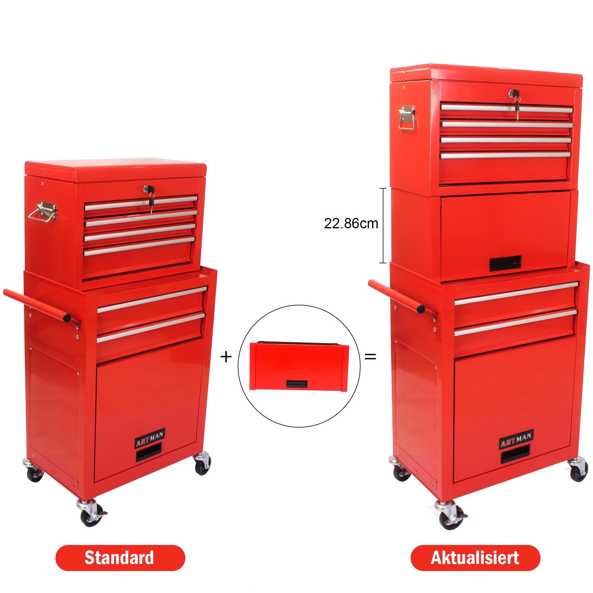 Carrello portautensili con 6 cassetti, chiudibile, in acciaio, per officina, colore rosso | 6 cassetti in acciaio verniciato a polvere, 4 ruote, 2 freni chiudibili, 100 kg