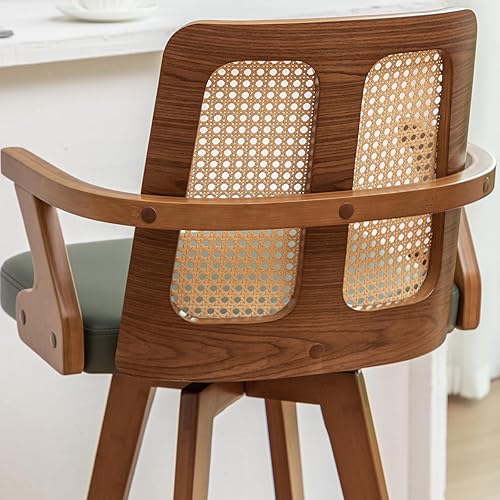 Miniatura 6 de Juego de 2 taburetes giratorios de 27 pulgadas con respaldo de ratán, brazos curvos, asiento tapizado, patas de bambú ajustables, taburetes de