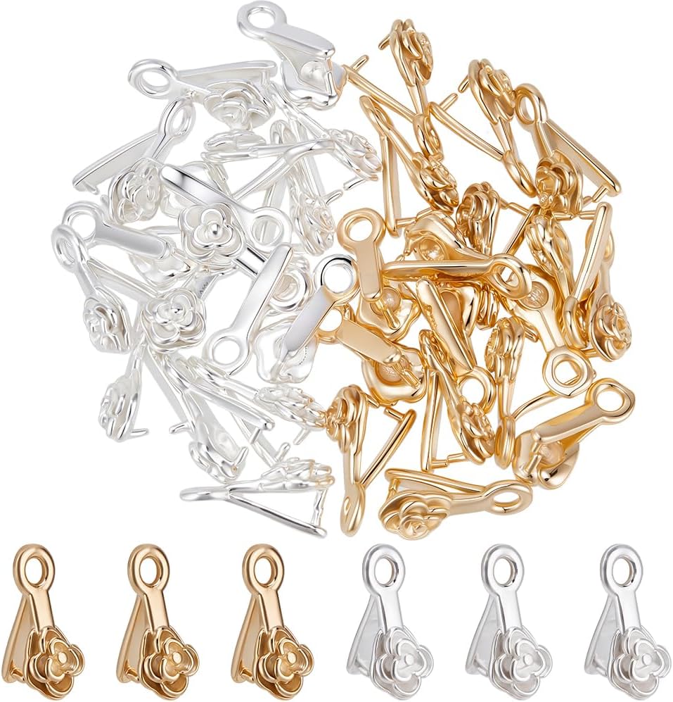 Beebeecraft 1 Box 40Pcs 2 Colors Pendant Pinch Bails 24K Gold & Sterling Silver Plated Flower Pinch Bails for Pendants Clasp Ice Pick Clip Connectors Charm for DIY Necklace Jewellery Making