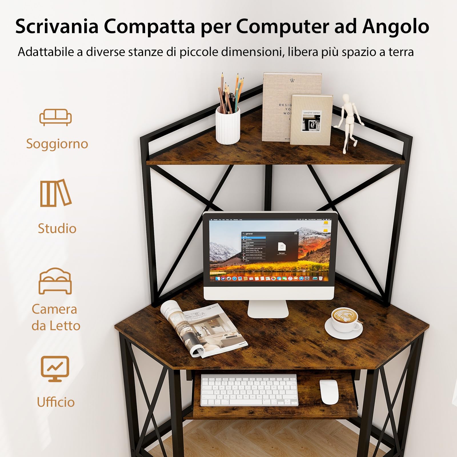 COSTWAY Scrivania Angolare con Prese, Scrivania ad Angolo con Ripiani, Porta Tastiera Estraibile e Struttura in Metallo, Scrivania Salvaspazio per Ufficio e Casa(marrone e nero)