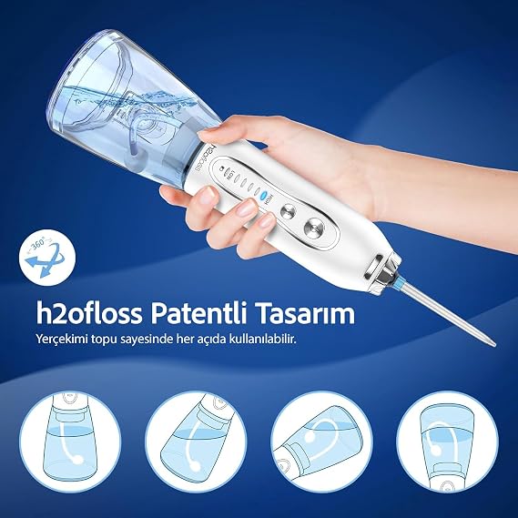 H2ofloss Şarjlı Kablosuz Ağız Duşu, Hızlı ve Etkili Diş Arası Temizliği – 300 ml Su Hazneli, 5 Modlu, 6 Başlıklı, IPX7 Su Geçirmez, Diş Taşı Temizliği (Beyaz)