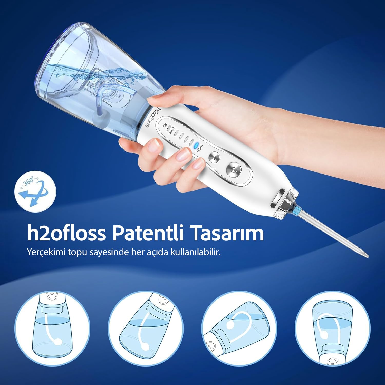 H2ofloss Şarjlı Kablosuz Ağız Duşu, Hızlı ve Etkili Diş Arası Temizliği – 300 ml Su Hazneli, 5 Modlu, 6 Başlıklı, IPX7 Su Geçirmez, Diş Taşı Temizliği (Beyaz)