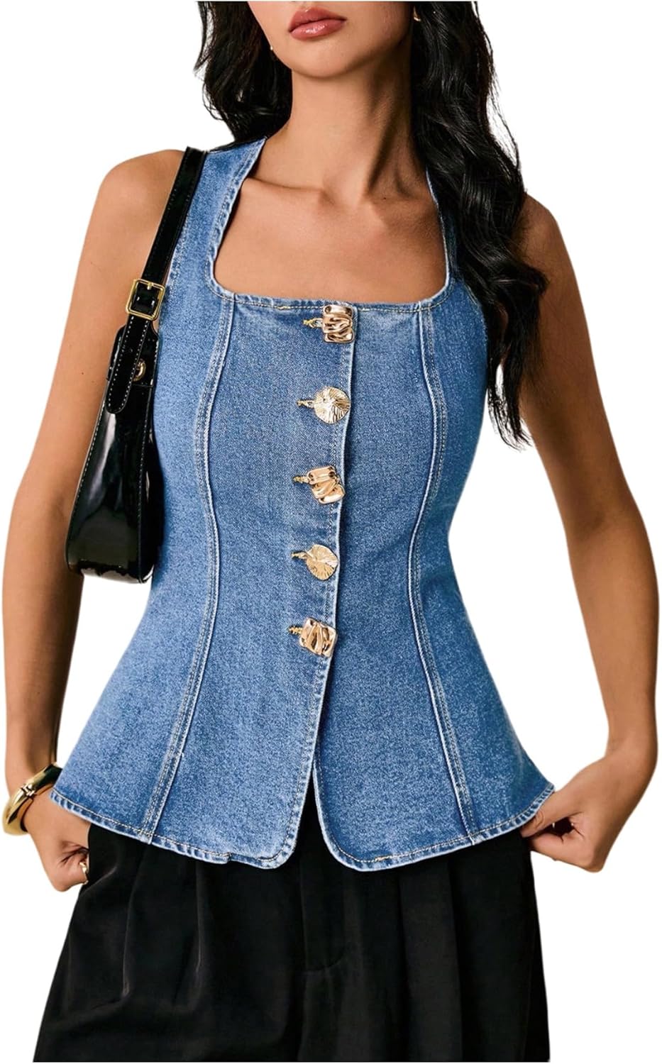 Floerns Women's Metal Button Up Denim Top Sleeveless Square Neck Going Out Tank Tops
