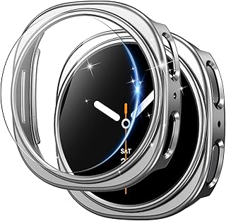 ACEQINGSE 2 + 2 Pieces Case for Samsung Galaxy Watch 8 44 mm with Screen Protector, Ultra Thin HD Tempered Glass Screen Protector + PC Protective Case for Galaxy Watch 8 44 mm (Silver)