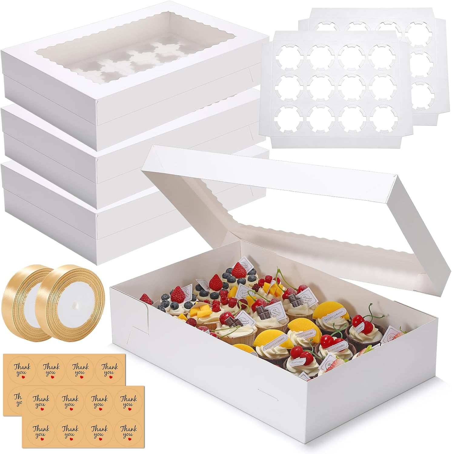 2 Pack 24 Count Standard Cupcake Boxes with Window & Inserts White | Cupcake Containers Bakery Box for Standard Muffins, Pastry Dessert for Birthday Party, Wedding, Baby Shower-17.5x11.5x4 Inch