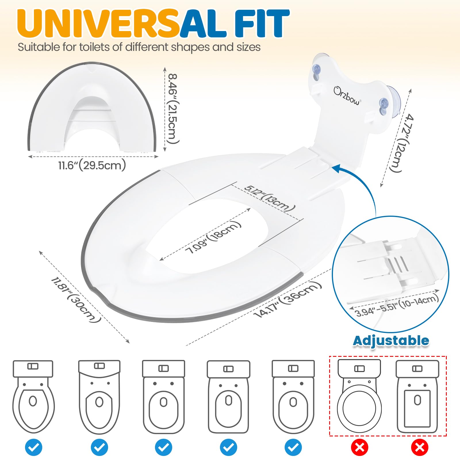 Orzbow Pliable Reducteur Toilette Enfant, Portable Réducteurs de Toilettes avec Barrière à L'urine, Universel Adaptateur Toilette Enfant avec Ventouse, Longueur Ajustable, Facile à Installer, Blanc