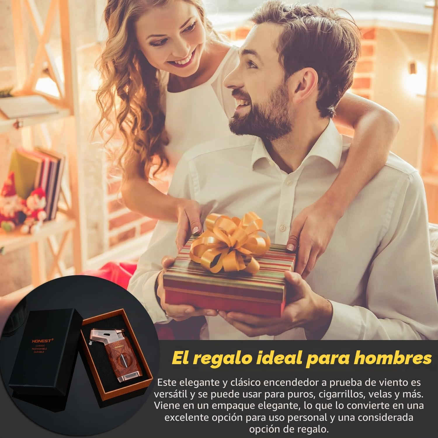 HONEST Encendedor de cigarros resistente al viento, caja cortadora de puros en V integrada, recargable, todo en uno