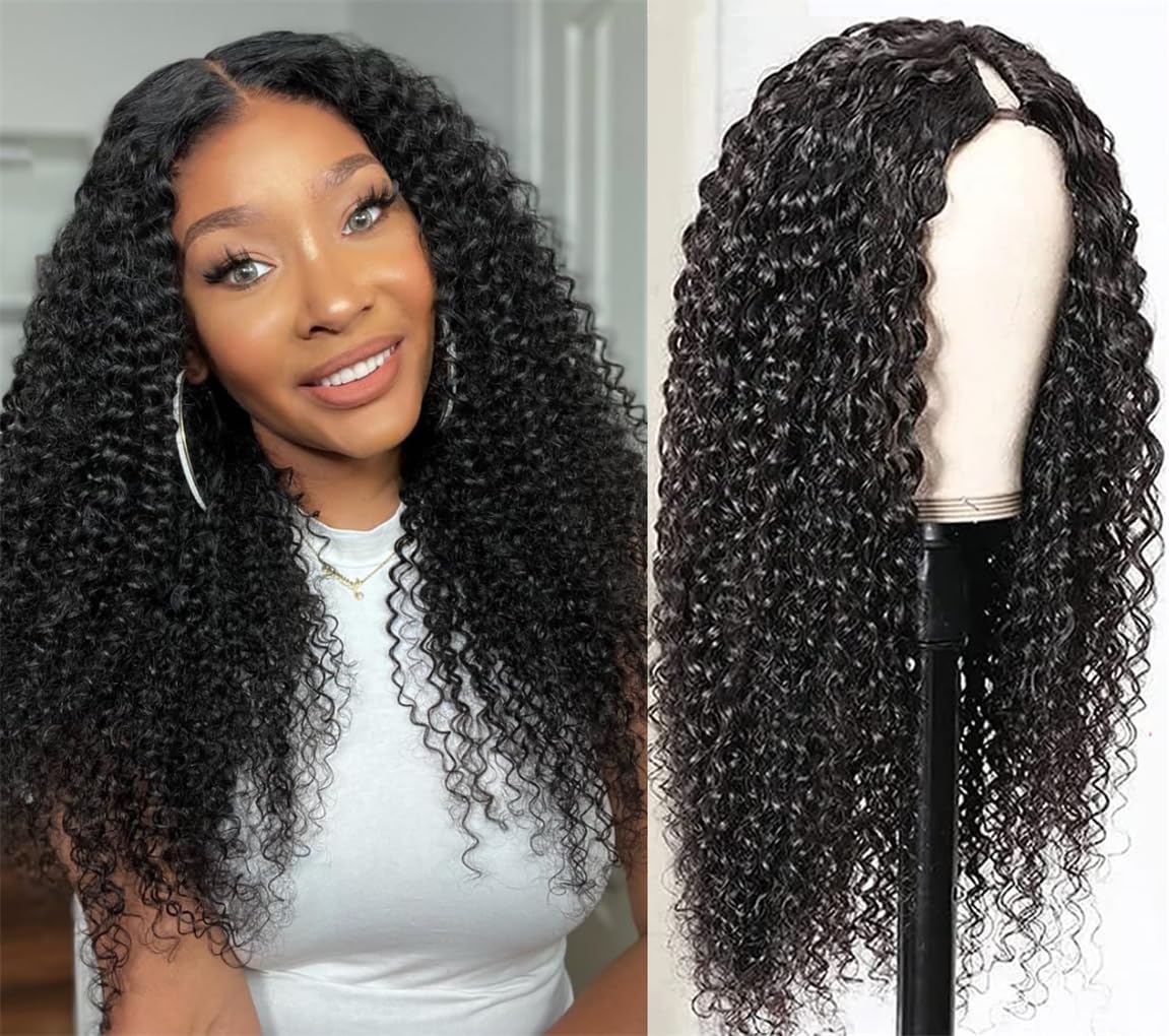 Kinky Curly V Part Wig Human Hair Wigs for Black Women 180% Density Brazilian Virgin Hair Upgrade U Part Wig Glueless Full Head Clip V Shape Wigs 18 Inch