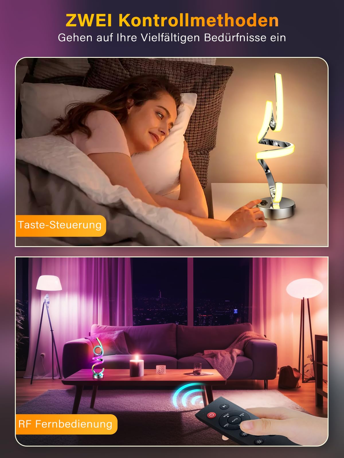 Lámpara LED de noche regulable, RGB blanco cálido, inalámbrico, espiral, moderna, lámpara de mesa con batería, recargable por USB, 10 modos dinámicos con mando a distancia y temporizador, luz nocturna