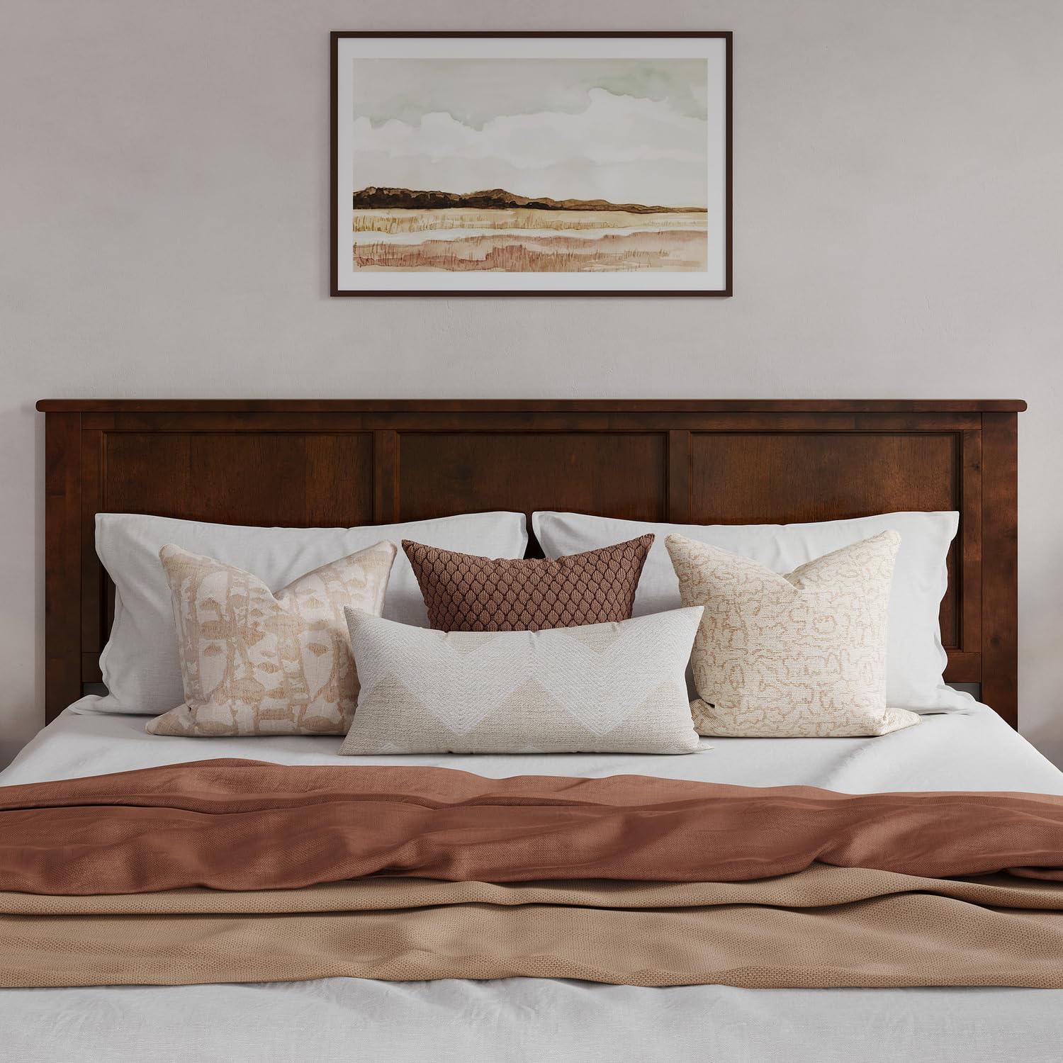 HomeStock Victorian Headboard with USB Charger Wood Panel Design Metal Bed Frame Compatible Queen/Walnut