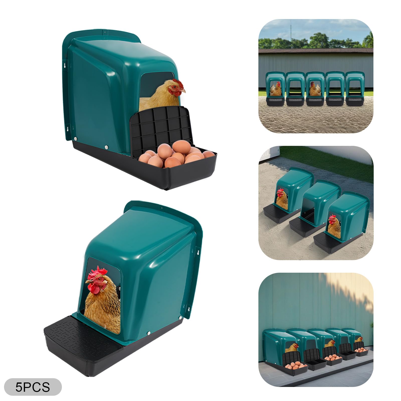 Juego de 5 cajas nido para pollos, de plástico, para pájaros, exteriores, resistente a la intemperie, con cámara, con función de recolección de huevos, 46,6 x 39 x 41,5 cm