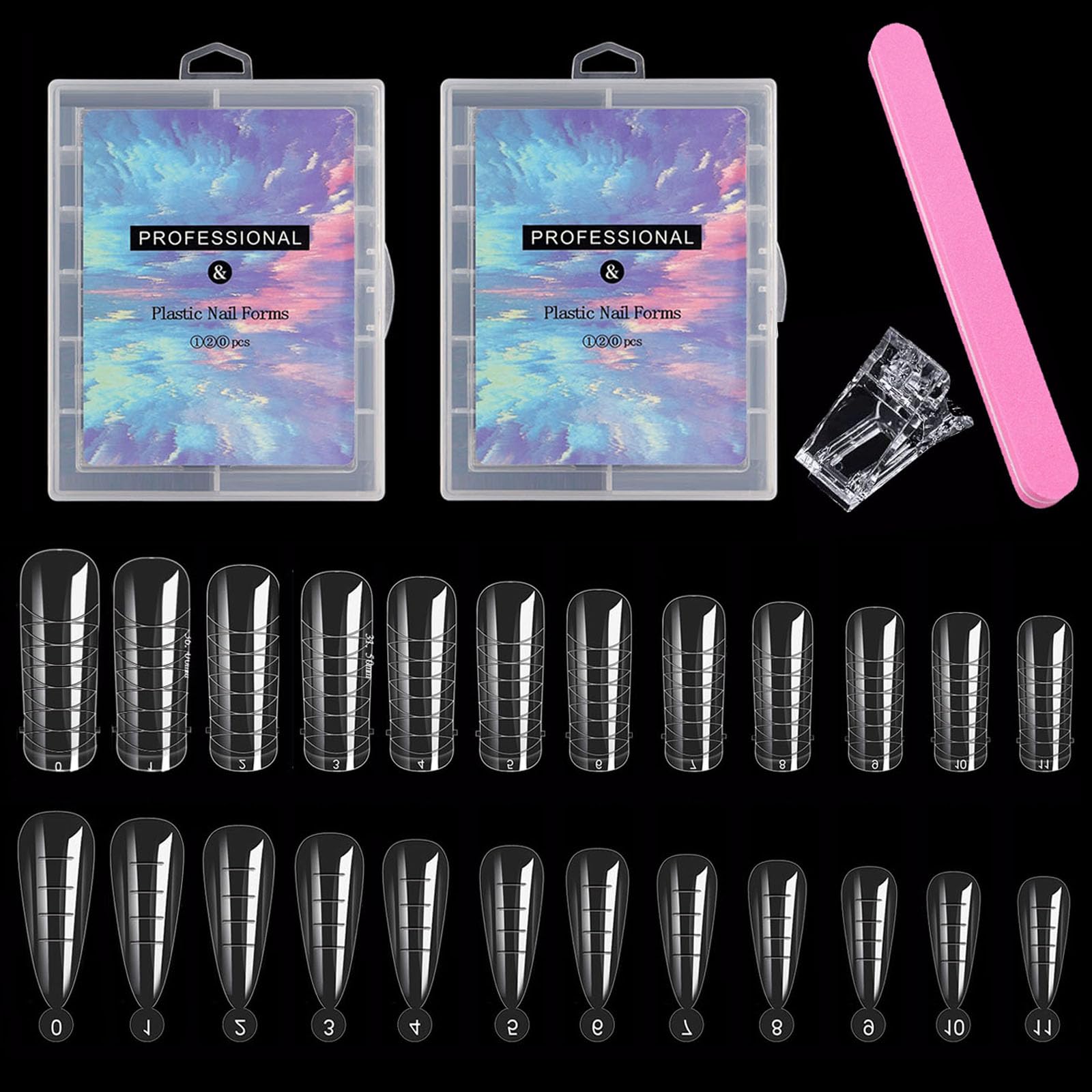BlueZOO 240Pcs Clear Poly Extension Gel Dual Nail Forms - 2 Styles, 12 Sizes, DIY Nail Art & Salon, Includes 2 Boxes 240PCS Nail Extension Forms, 1pc Double-side File Buffer, Tip Clips