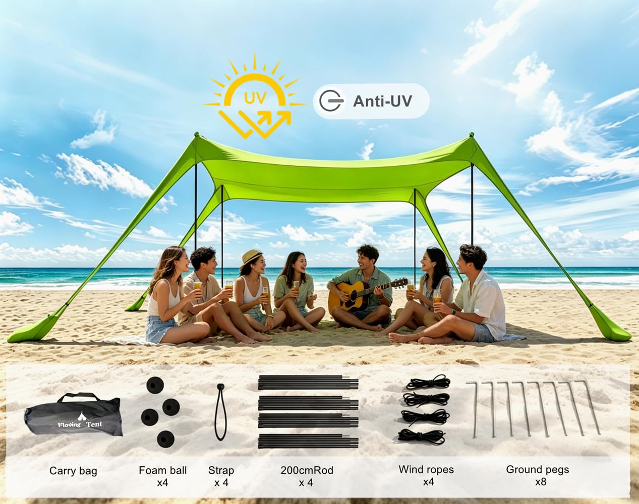 Plażowa markiza namiotowa 10 x 10 FT plażowy filtr przeciwsłoneczny anty-UV przenośny parasol dla 5-8 osób (zielony-XL)