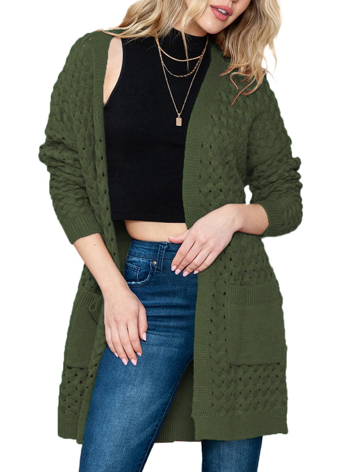 Chaqueta larga de punto para mujer, chaqueta de punto frontal abierta, abrigo con bolsillos, ropa exterior holgada informal para uso diario, verde, S