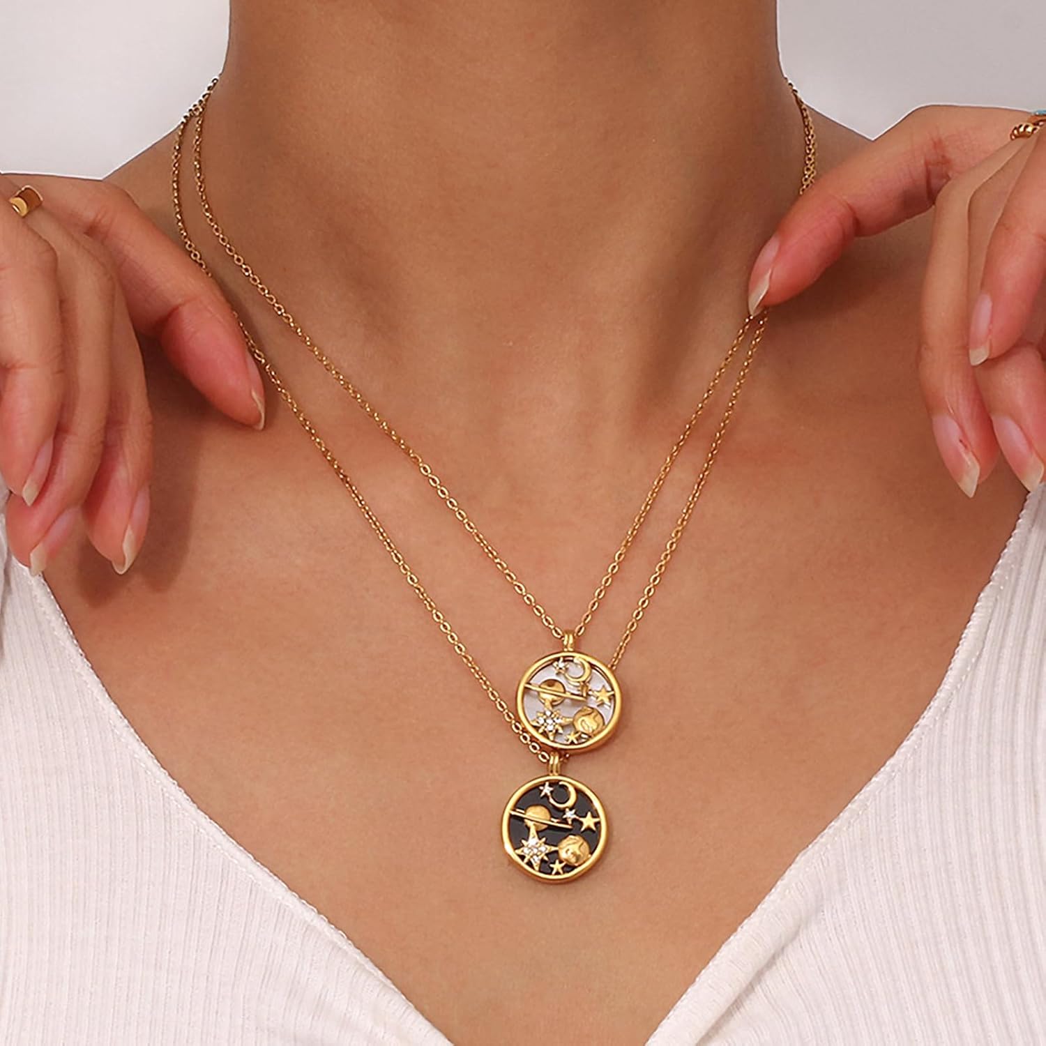 Gold Saturn Necklaces for Women 18K Gold Plated Stainless Steel Moon Star Necklace Dainty Gold Coin with Mother of Pearl Pendant Mothers Day Celestial Jewelry Graduation Gifts - Image 2