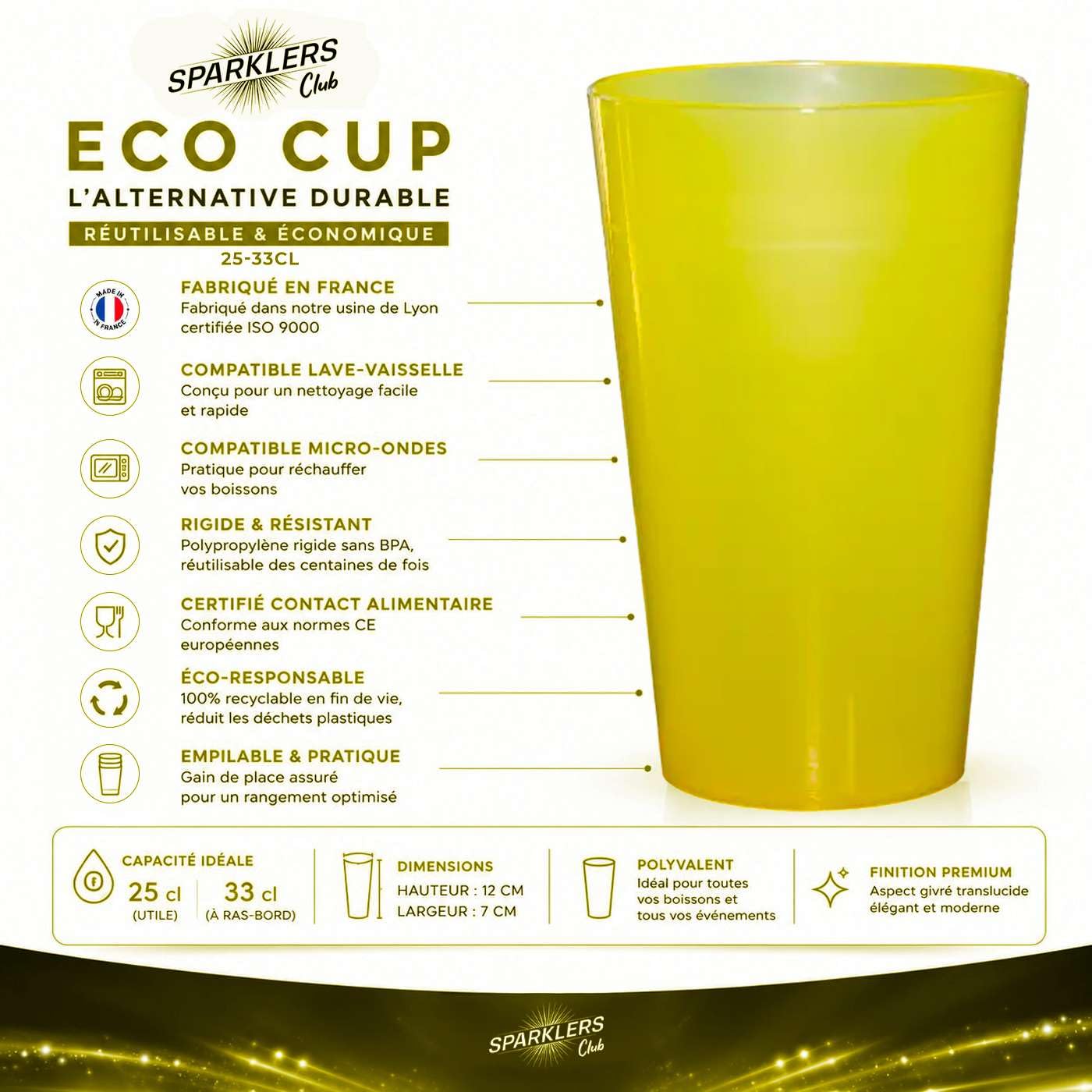 SPARKLERS CLUB - Lot de 200 Gobelets Reutilisables 25cl (33cl a ras-bord) - Polypropylene (PP) alimentaire rigide - Compatible lave-vaisselle - Fabriques en France - Couleur Jaune