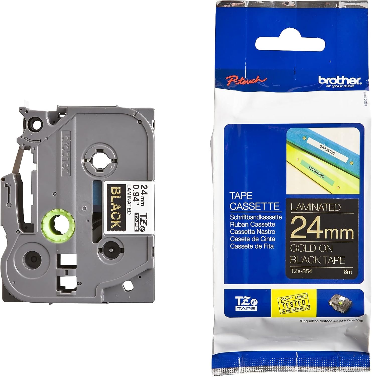 Brother TZE354 TZe Standard Adhesive Laminated Labeling Tape, 1-Inch w, Gold on Black