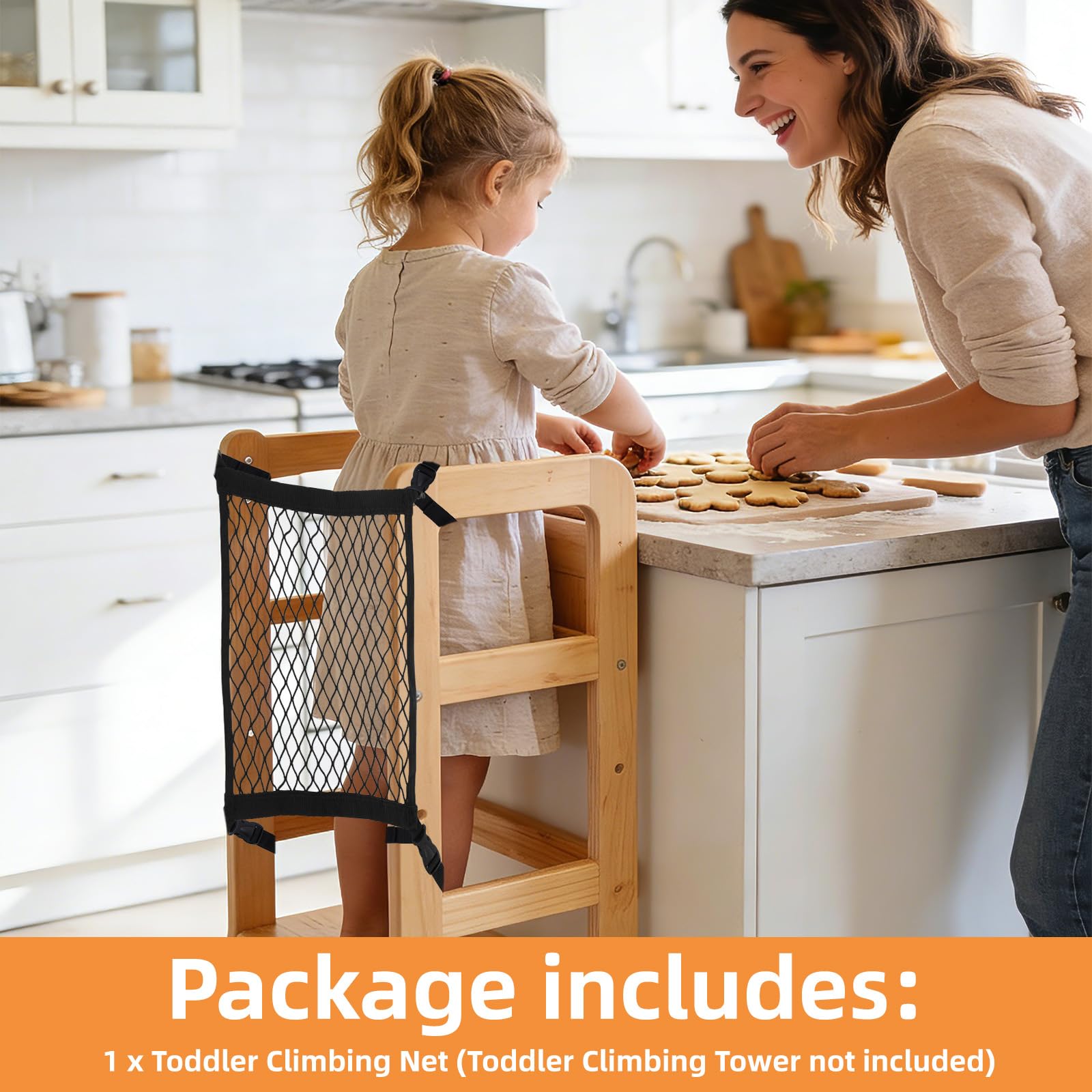 Toddler Standing Tower Safety Net 40x40cm/15.75x15.75in, 4-Sided Dense Mesh Net Guard for Learning Tower Step Stool with Adjustable Straps for Kids Home Kitchen Room Safety Helper Accessories (Black) - 3