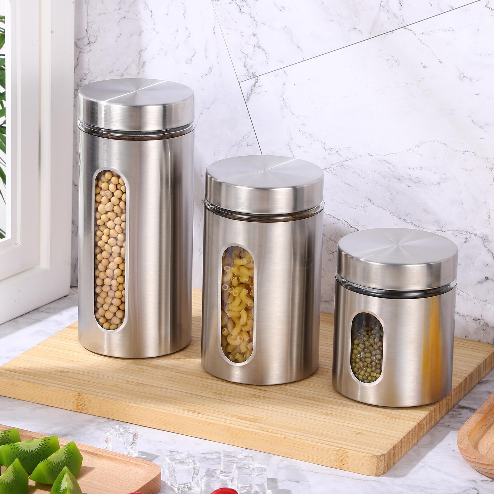 POPETPOP Recipientes para alimentos de cocina 3 unidades de acero inoxidable con tapa sellada para conservar frescura en tiendas