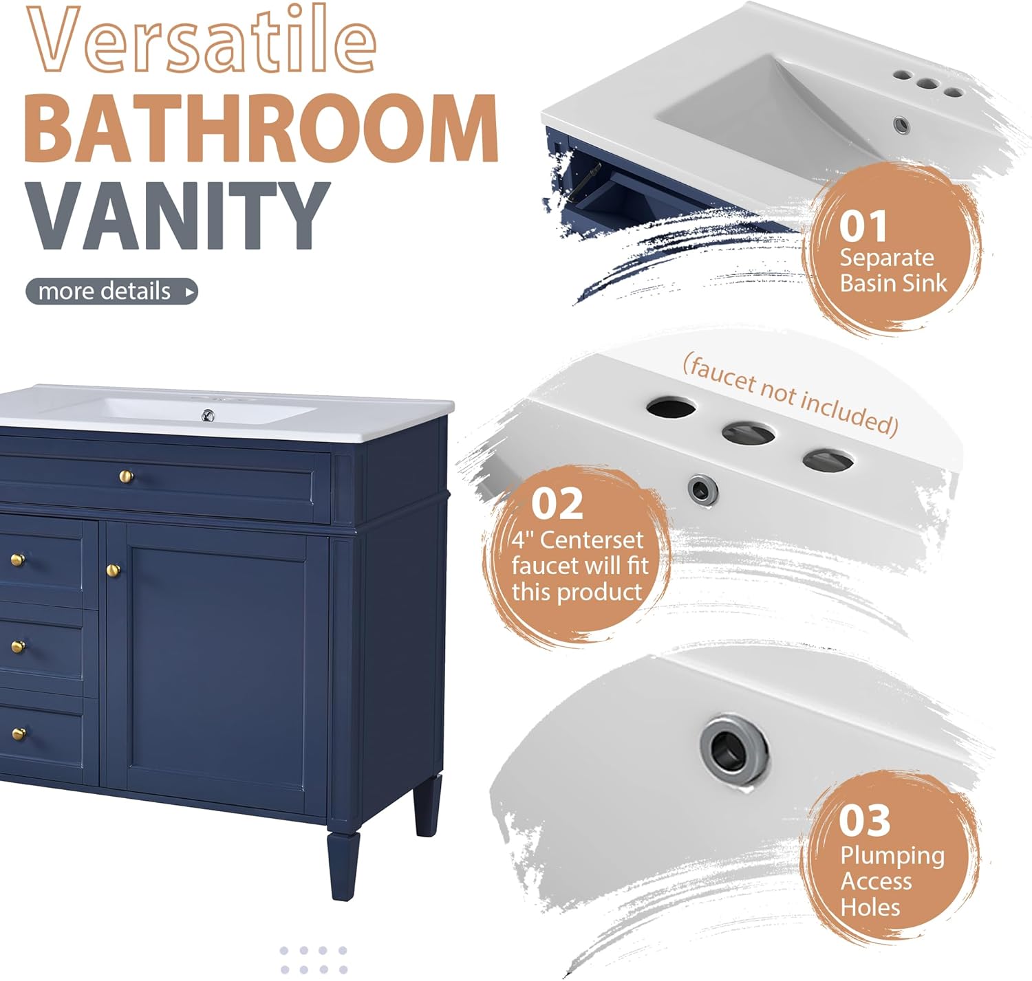 Bathroom Vanity,36" Modern,Set with Medicine Cabinet,Soft-Closing Doors & 4 Drawers,Single Sink Storage Organizer for Space-Saving Bathrooms Organization,Freestanding Design,Narrow Shelves,Blue