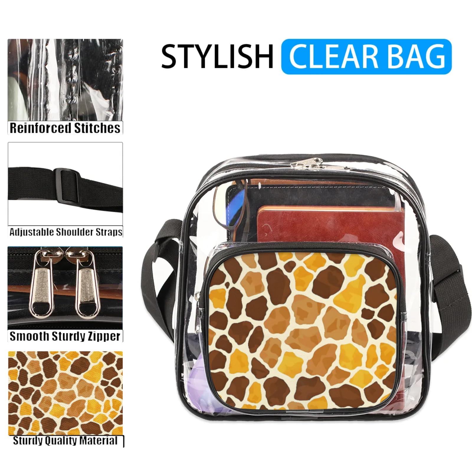Clear Crossbody Bag Stadium Approved Giraffe Skin Transparent Bag for Festivals, Sports Events, Concerts,Beach Bag for Women Men Clear Purse with Front Pocket Messenger Bag with Adjustable Strap