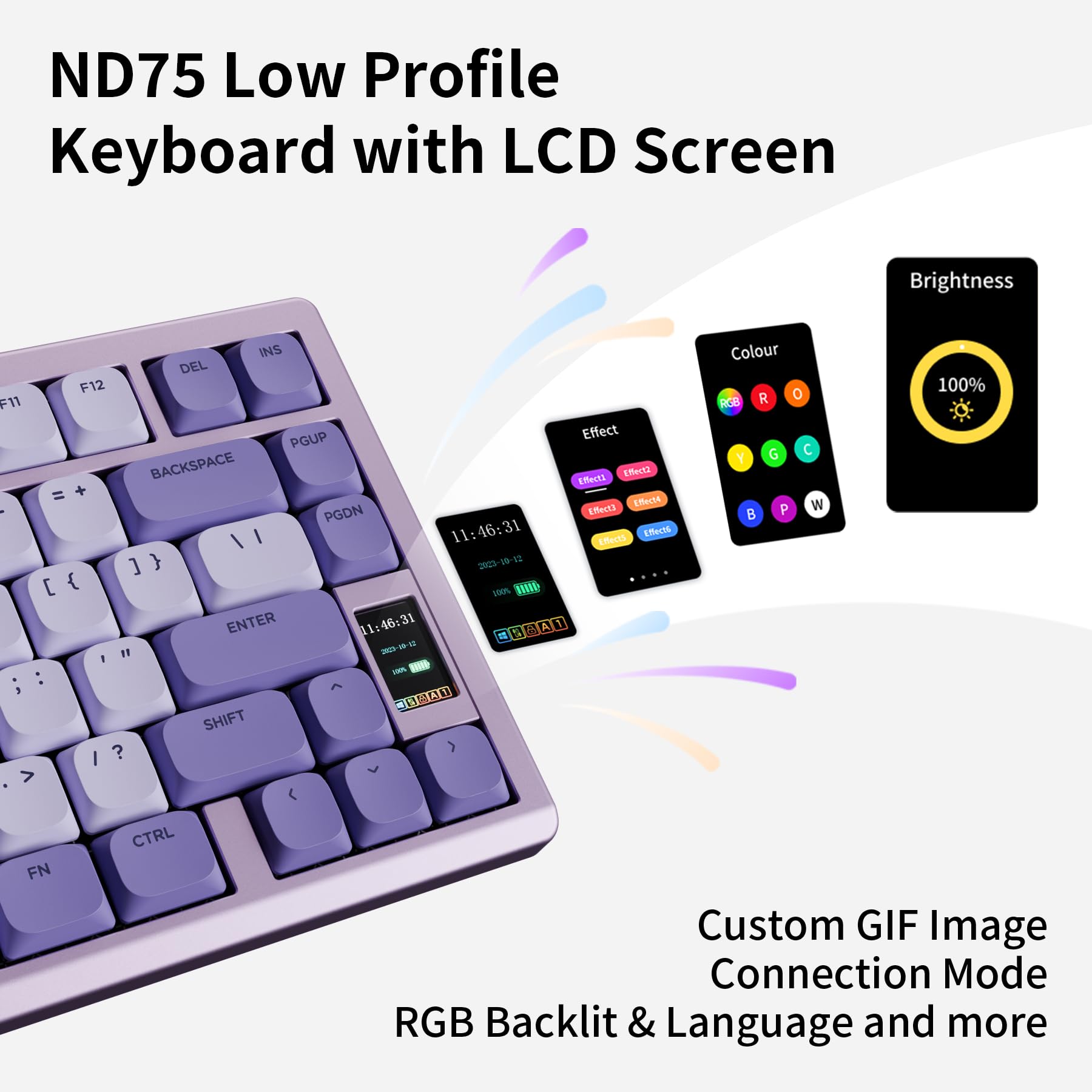 Chilkey ND75 LP Tastiera meccanica a basso profilo in alluminio, 75% tastiera da gioco wireless con schermo, modalità tripla, smontaggio rapido, tastiera retroilluminata RGB per laptop e PC da ufficio