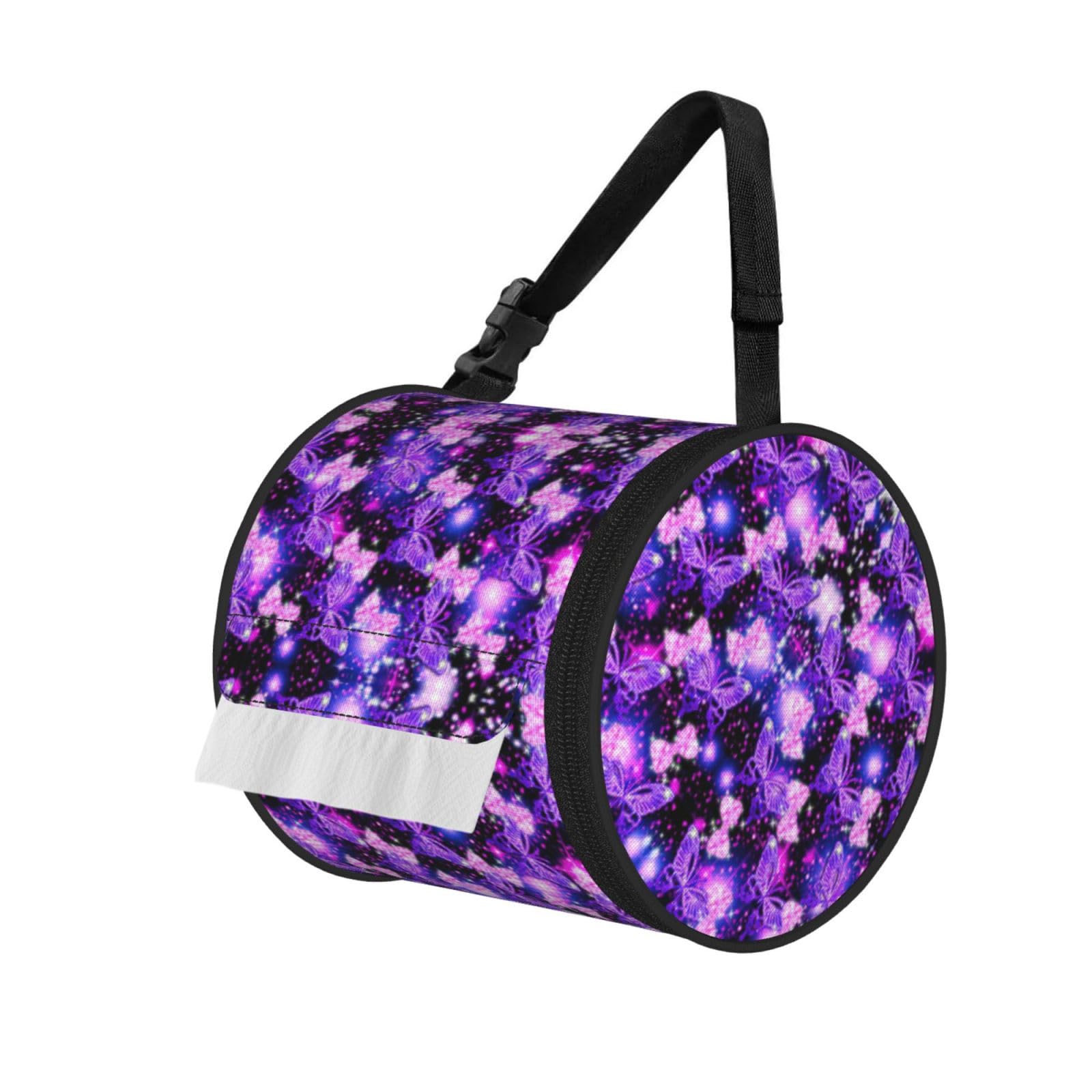 Purple Cute Butterfly Print Print Round Paper Tissue Holder With Shoulder Strap, Portable Roll Case For Caravan Travel Use